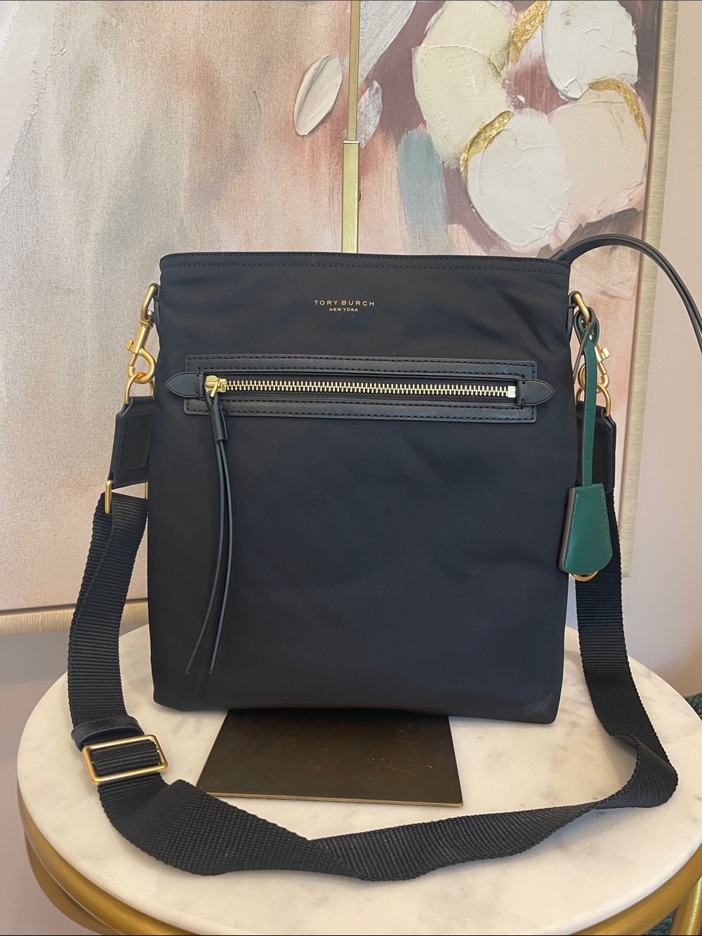Tory Burch Black Crossbody Bag with Green Tag and Gold Hardware